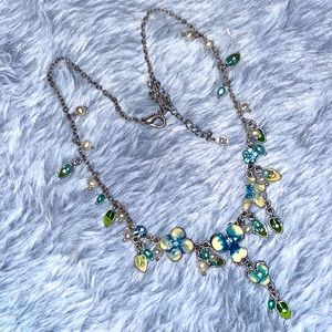 Blue/White Silvertone Jewel Pave Flower & Leaf Bead Choker Chain Charm Necklace